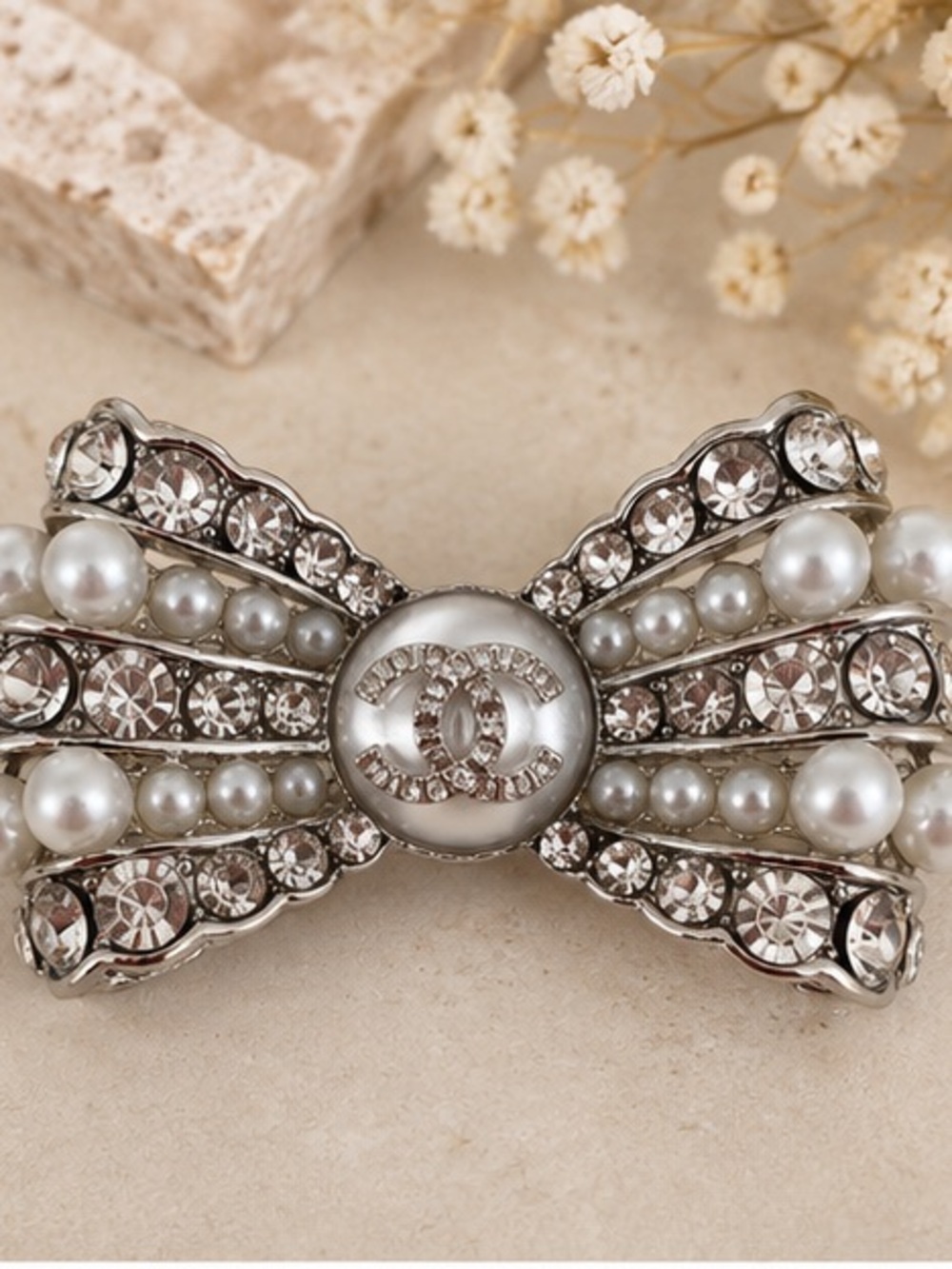 Designer Inspired Pearl & Crystal Bow Barrette